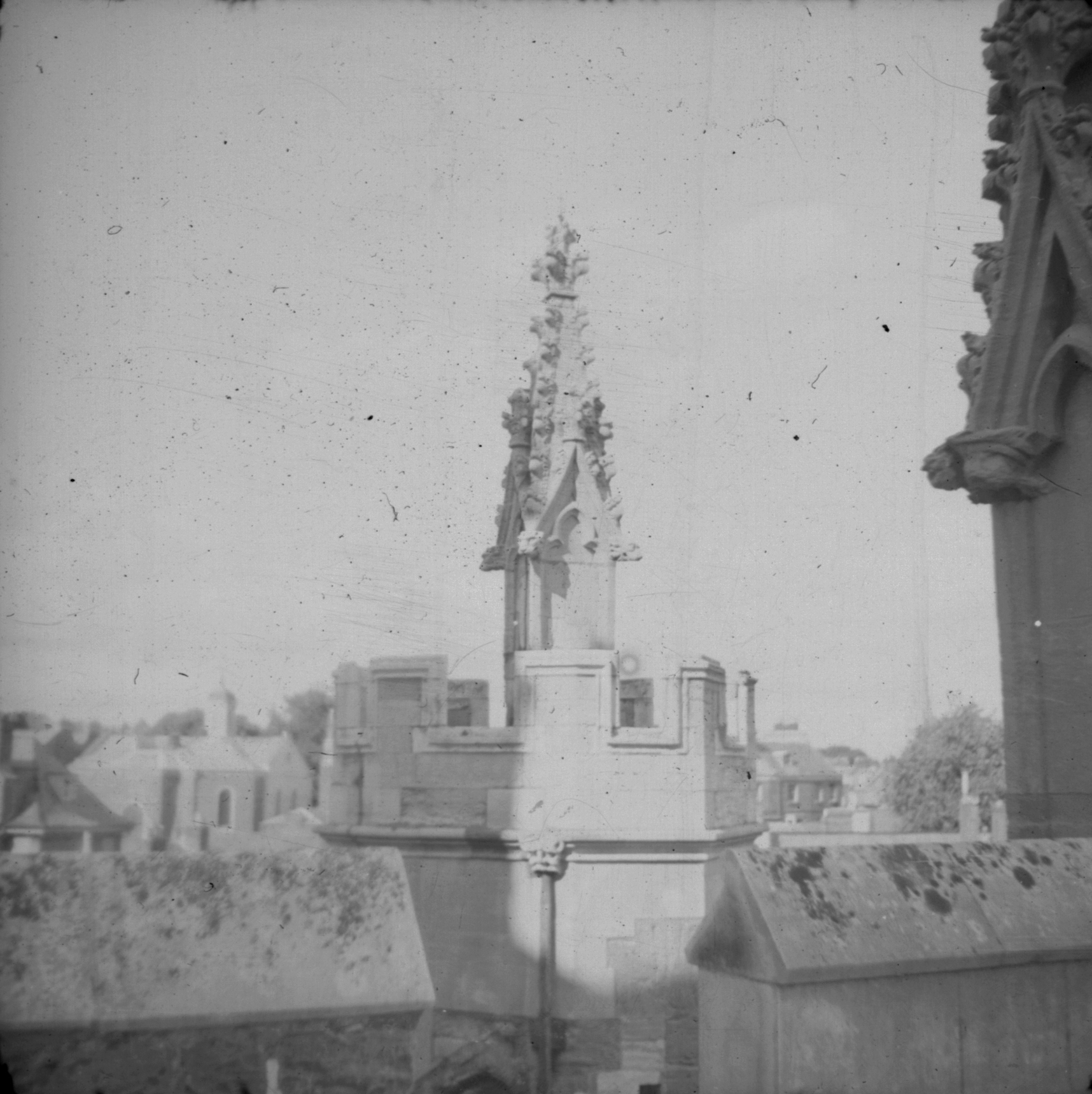 Pinnacled turret on roof of Exeter Catehdral, Aug[ust] 1941.