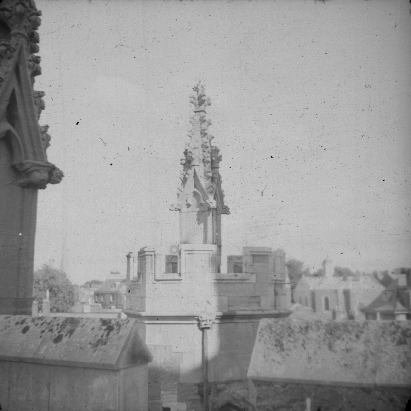 Pinnacled turret on roof of Exeter Catehdral, Aug[ust] 1941.