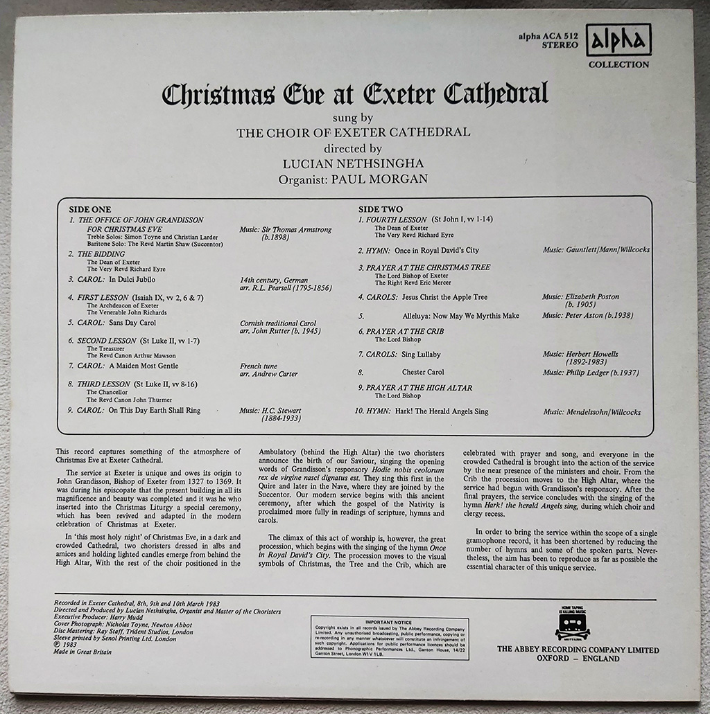Exeter Cathedral Choir - Christmas LP rear sleeve