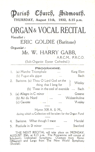 Eric Goldie - Concert flyer, Sidmouth 1932